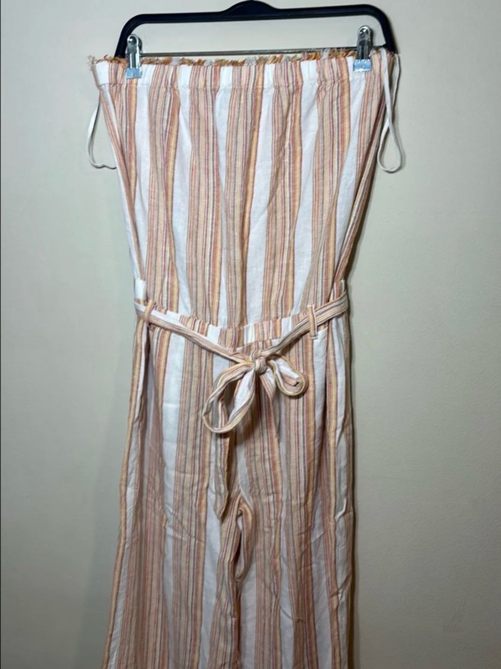 cloth & stone Peach and White Strapless Jumpsuit with Tie Waist